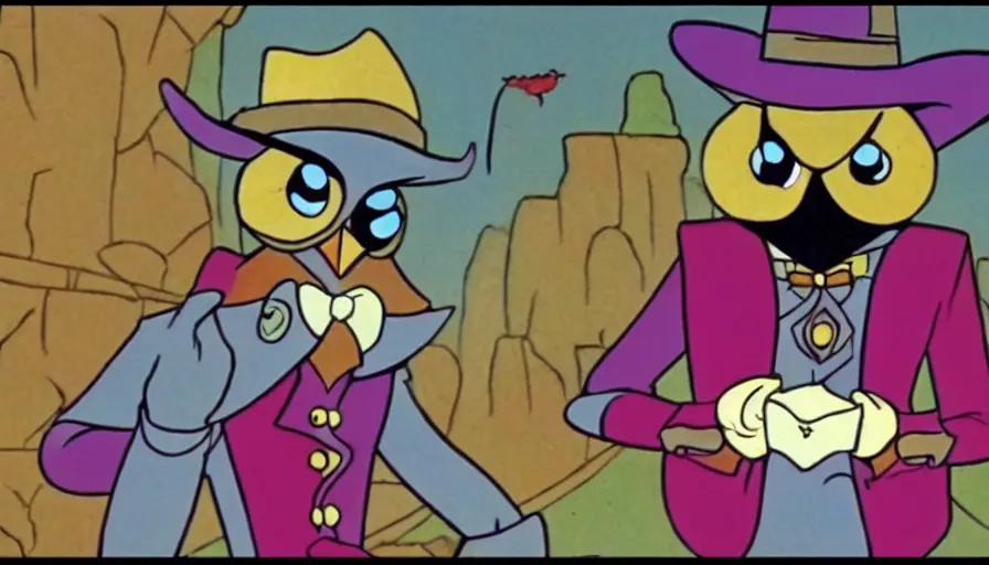 Image similar to saturday morning cartoon shot of an owl dressed as the lone ranger, screenshot from 1990s animated show