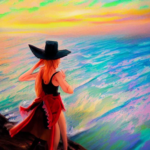 Image similar to Very abstract impressionist painting of Kirisame Marisa from the Touhou project on a cliff looking calmly at the sea, wide strokes, pastel colors, touhou project official artwork, danbooru, oil painting by Antoine Blanchard, wide strokes, pastel colors, soft lighting sold at an auction