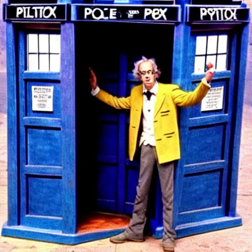 Image similar to christopher lloyd as doctor who in front of tardis, directed by steven spielberg, 1 9 9 4