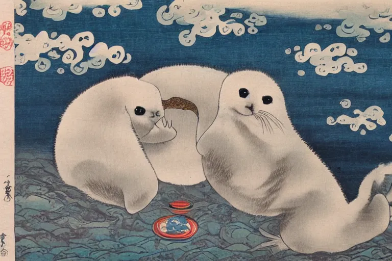 Prompt: baby harp seal as Japanese demons, traditional Japanese painting