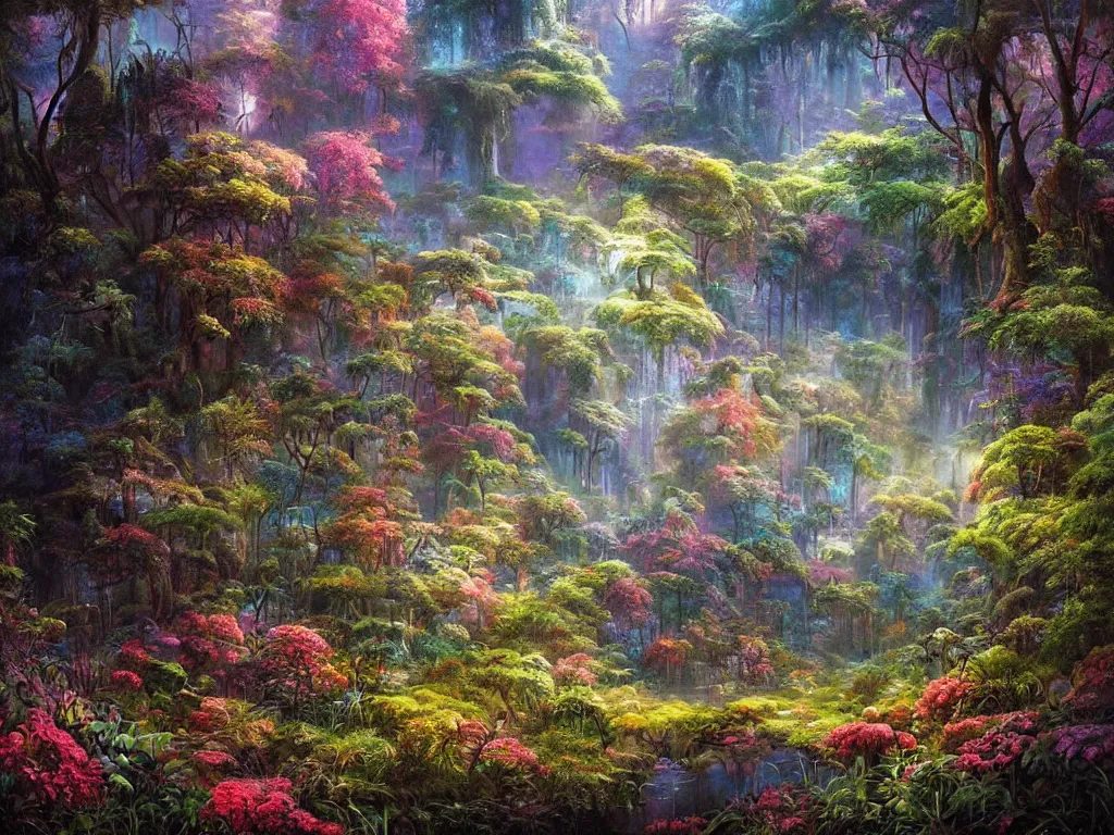 Prompt: a realistic detailed painting of a beautiful magical garden in the middle of a deep dark forest by Bruce Pennington, trending on Artstation, rich deep vibrant colors