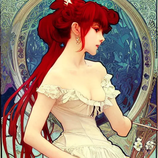 Prompt: Portrait of an anime girl with white hair wearing red gothic lolita dress, oil painting, art by Alphonse Mucha and Shirow Masamune