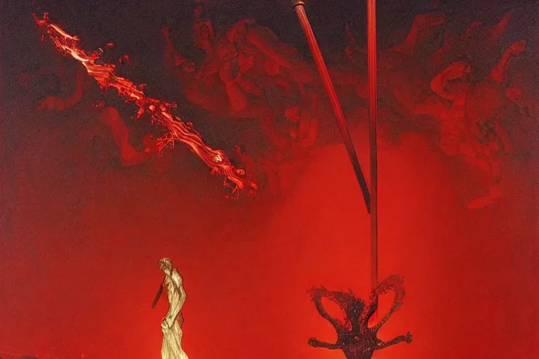 Image similar to only with red, a red melted apollo with a laurel wreath and a flaming sword announce the win, athens in the background, in the style of beksinski, part by hopper, part by rodcenko, part by hofbauer, intricate composition, red by caravaggio, insanely quality, highly detailed, masterpiece, red light, artstation