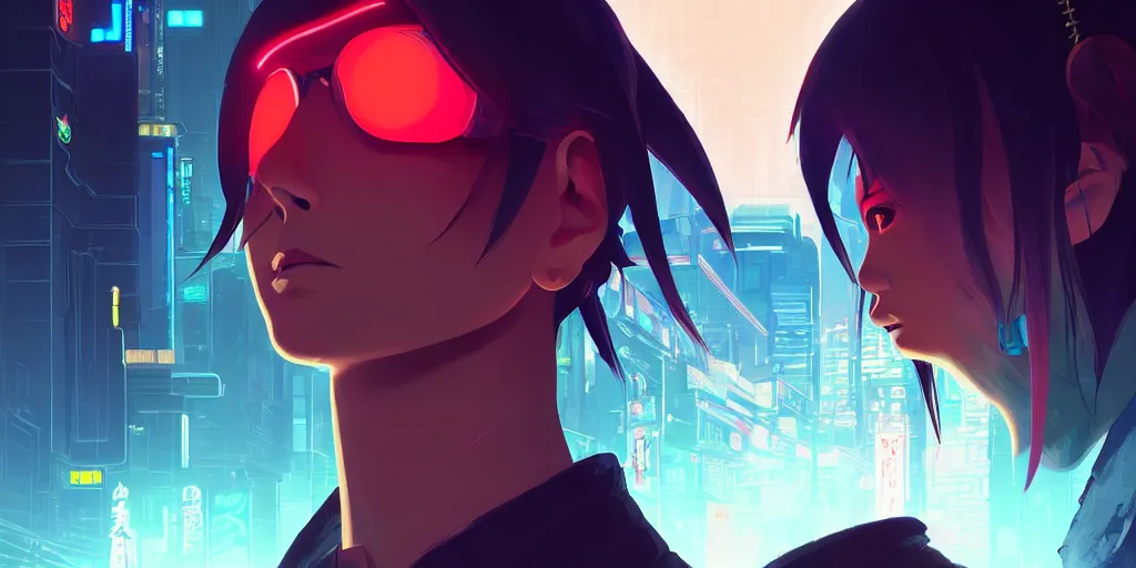 Image similar to digital illustration closeup portrait of cyberpunk samurai in city street at night by makoto shinkai, ilya kuvshinov, lois van baarle, rossdraws, basquiat | afrofuturism, in the style of hearthstone, trending on artstation | cool color scheme