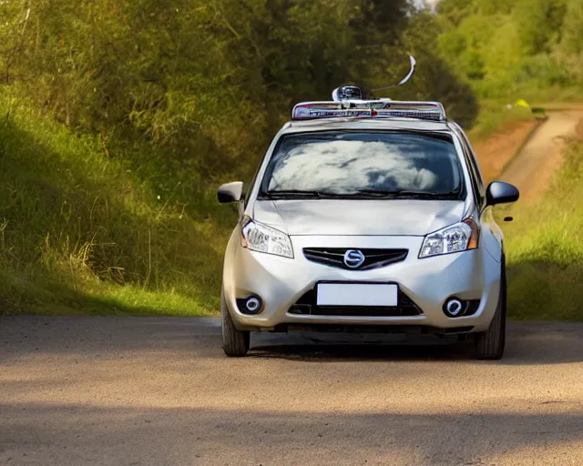 Image similar to border collie dog in the driver's seat of an orange nissan note, paws on wheel, car moving very fast, rally driving photo, award winning photo, golden hour, front of car angle, extreme horizontal background blur, 3 0 0 mm lens