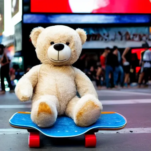 Image similar to a teddy bear on a skateboard in times square