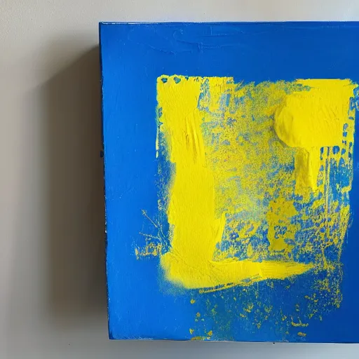 Prompt: a photo of blue paint mixed with yellow paint on canvas