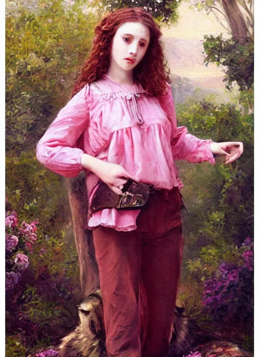 Image similar to full body oil painting of smoking wolf wearing pink shirt, in the style of sophie anderson dramatic painting, high detail, lights