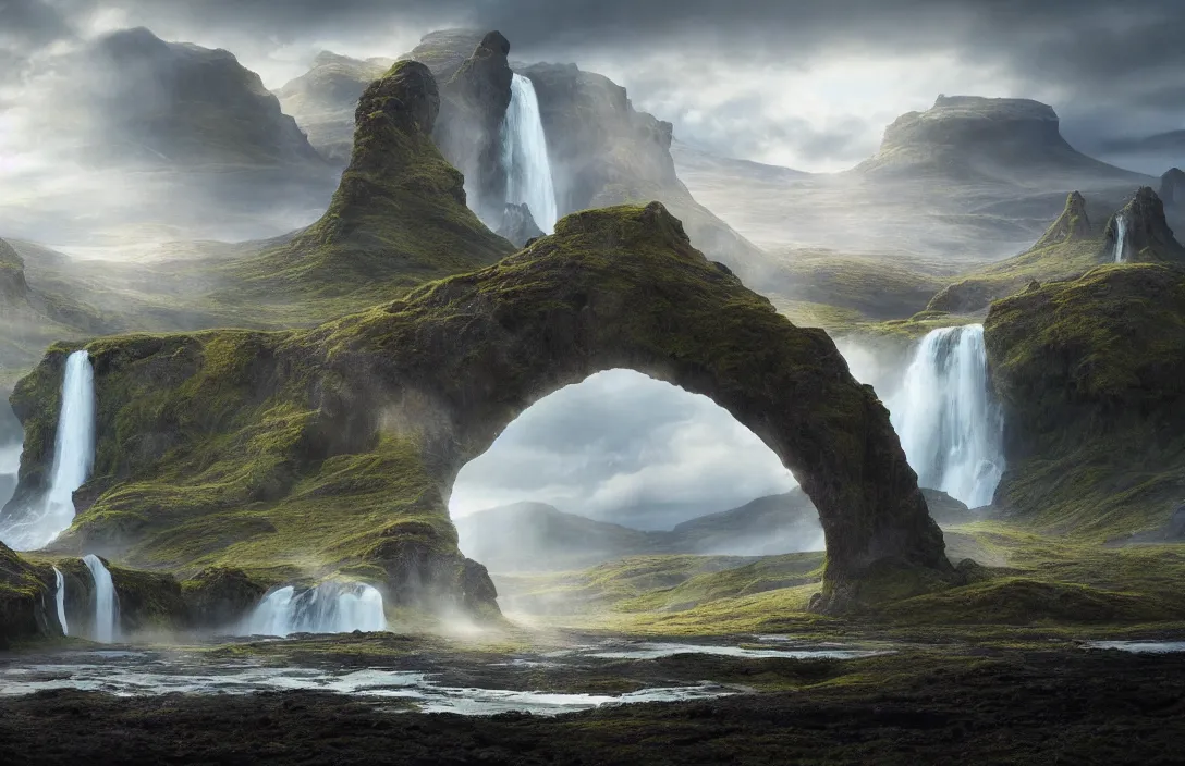 Image similar to a huge arc far away in a hyperreal mattepainting icelandic landscape, detailed dreamscape, hyperreal phantastic, intricate details in environment, golden ratio, high aestehtic, waterfall cascades, cinematic light dramatic light, lightrays, flying birds in distance, trending on artstation