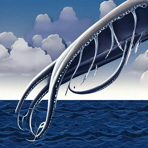 Image similar to A giant squid destroying a cruise ship in the middle of the ocean, digital art