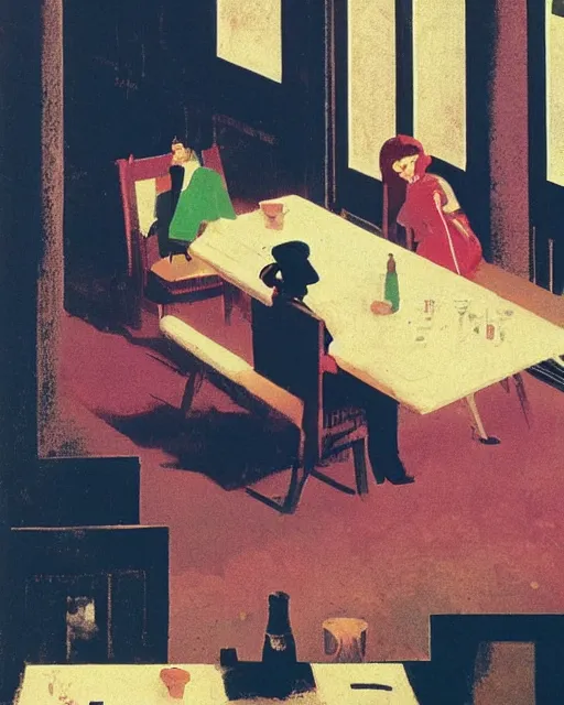 Image similar to a man and a woman sitting at a table, a screenshot roman muradov and paul lehr and dan mumford, trending on pinterest, barbizon school, movie still, hall of mirrors, filmic