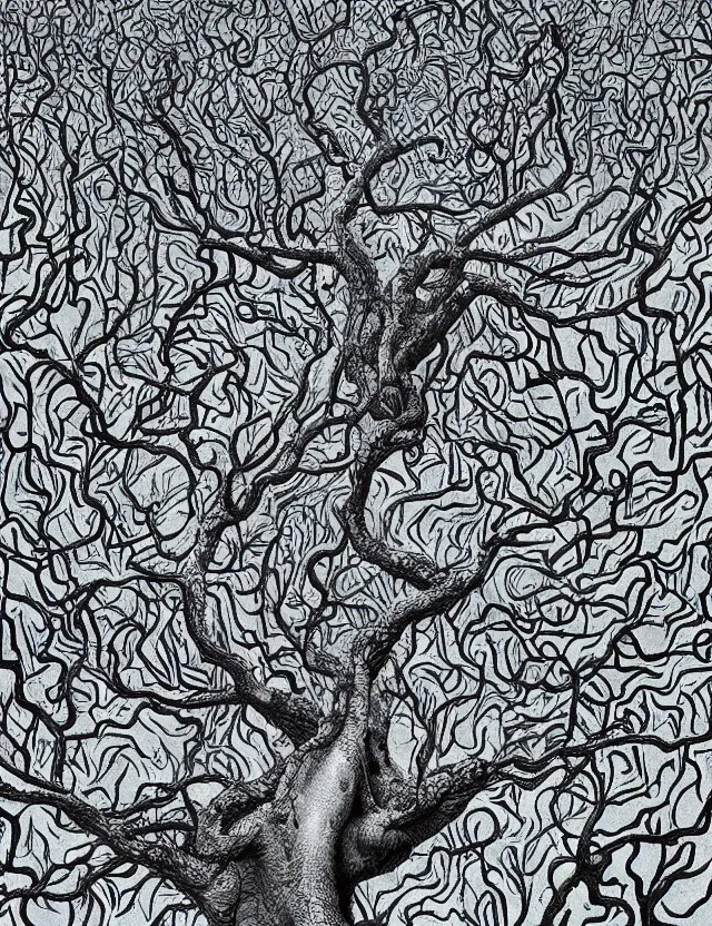 Image similar to an ancient tree with gnarled roots on a hill and rivulets of water running down in a maze by james jean and pascal blanche, labyrinthine, recursive, flowing, mystical