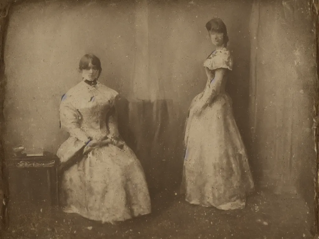 Prompt: old daguerreotype female android in beautiful victorian dress decaying rich guest room