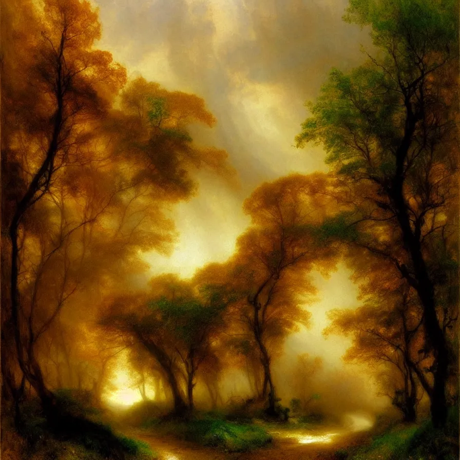 Image similar to atmospheric artwork about the infinite road ahead, painted by thomas moran. sepia, brown and forest green colour scheme.