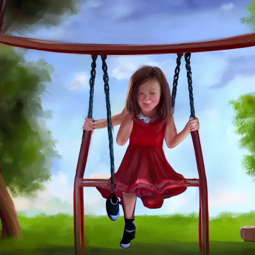 Image similar to A hyperdetailed digital oil painting of A girl is playing on a swing,cartoon, Trending on ArtStation and DeviantArt