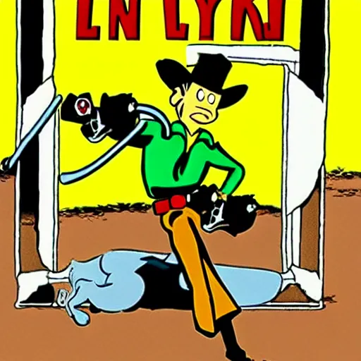 Image similar to lucky luke, killing, tintin, in the style of morris and rene goscinny