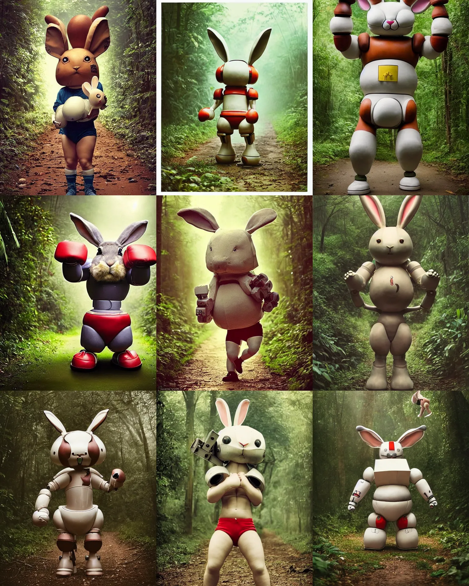 Prompt: winning pose !! giant oversized battle rabbit robot chubby mech baby as oversized muscular boxing champion !! with big ears and rabbit , on a jungle forest , full body , Cinematic focus, Polaroid photo, vintage , neutral dull colors, soft lights, foggy ,random weather, by oleg oprisco , by victor enrich
