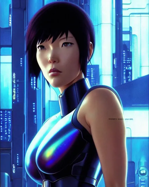 Image similar to weta disney pixar movie still portrait photo of motoko kusanagi the major ghost in the shell : : as cyborg woman by pixar : : by weta, wlop, ilya kuvshinov, rossdraws, artgerm, marvel, maxim cover, latex, octane render, sweaty, iridescent, bright morning, anime, liosh, mucha : :