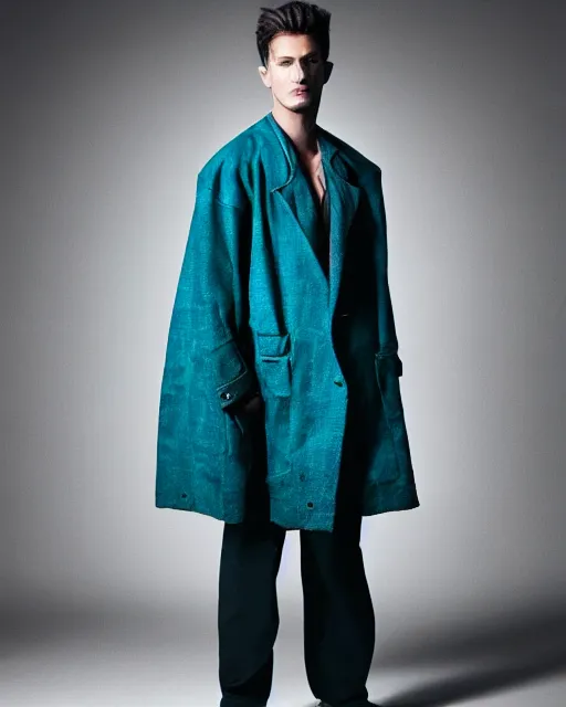 Prompt: an award - winning photo of a male model wearing a baggy teal distressed medieval menswear short coat by issey miyake, 4 k, studio lighting, wide angle lens