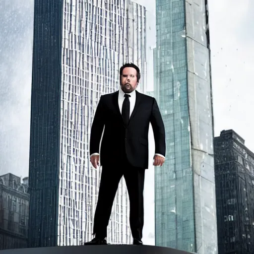 Image similar to Jon Favreau as clean-shaven Happy Hogan wearing a black suit and black necktie and black dress shoes is climbing up the side of a tall building in an urban city. The sky is filled with dark clouds and the mood is ominous.