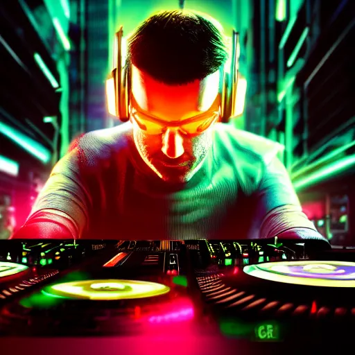 Prompt: electronic dj portrait, dj performing live streaming to online, cyberpunk 2 0 7 7, cyberpunk, photorealistic, ultra detailed, neon, octane, bokeh, cinematic lighting, cyber, cyberpunk city, headphones, studio quality, feature, scars, cyberface, 8 k