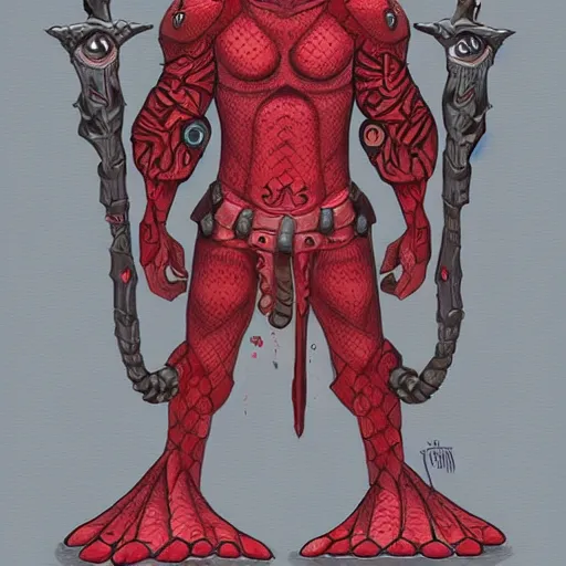 Prompt: a red scaly warrior with a cross for eyes, Character design, concept art