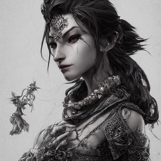 Image similar to the portrait of neutral evil fallen female dark knight vagabond as absurdly beautiful, gorgeous, elegant, sophisticated, woman, an ultrafine hyperdetailed illustration by kim jung gi, irakli nadar, intricate linework, bright colors, octopath traveler, final fantasy, unreal engine 5 highly rendered, global illumination, radiant light, detailed and intricate environment