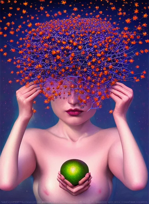 Image similar to hyper detailed 3d render like a Oil painting - Aurora (Singer) Eats of the Strangling Fruit and Her delicate Hands hold of gossamer thin polyp celium blossoms bring iridescent fungal flowers whose spores black the foolish stars by Jacek Yerka, Mariusz Lewandowski, Houdini algorithmic generative render, Abstract brush strokes, Masterpiece, Edward Hopper and James Gilleard, Zdzislaw Beksinski, Mark Ryden, Wolfgang Lettl, hints of Yayoi Kasuma, octane render, unreal engine 5 render, 8k