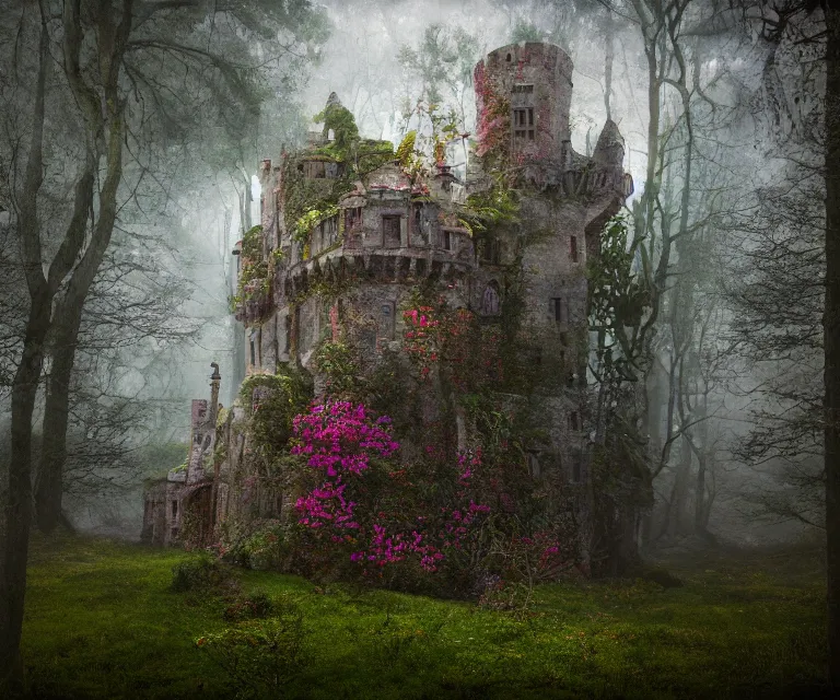 Image similar to old rundown castle in the middle of a haunted forest, foggy, high fantasy, colorful flowers, aged vegetation, photorealism, symmetry