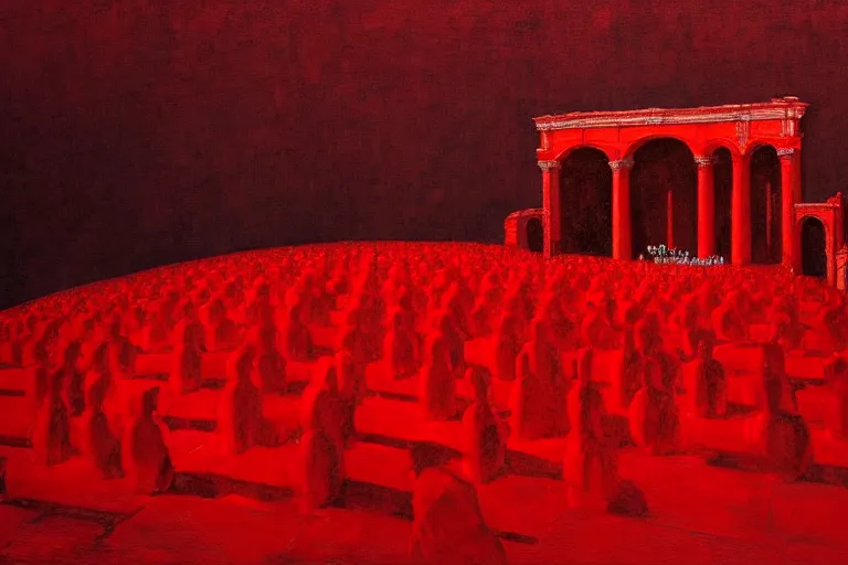 Image similar to only with red, a red great emperor, taormina amphitheatre, expressive crowd with big smile, in the style of beksinski, parts by edward hopper, parts by rodcenko, parts by yue minjun, intricate and epic composition, red by caravaggio, insanely quality, highly detailed, masterpiece, red light, artstation, 4 k