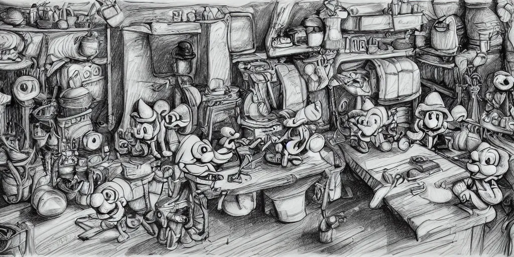 Image similar to high detailed drawing of smurfs and long white bones black and white, tables, tools, leaking oil, line art, pen & ink drawing