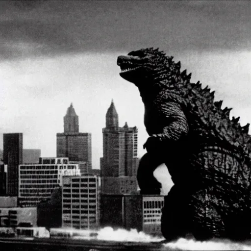 Prompt: godzilla attacking albany, old movie