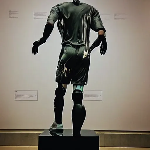 Image similar to “ a realistic detailed photo of a guy who is an attractive humanoid who is half robot and half humanoid, who is a male android, soccer player antoine griezmann, shiny skin, posing like a statue, blank stare, at the museum, on display ”