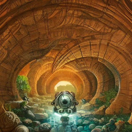 Image similar to a gigantic paleolothic torus made of stone with highly detailed carvings of intricate shamanic robotic electronics and circuitry, in a mediterranean lanscape, inside a valley overlooking the sea, in the style of andreas rocha