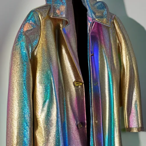 Image similar to an ultra high definition professional studio quality photograph of a transparent iridescent perspex pastel coloured puffa - jacket on a white coat hook in an empty white room. dramatic lighting, ray tracing, refraction, shallow d. o. f, colour corrected, golden ratio, three point light. light rays.