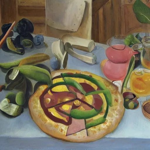 Image similar to A magaritha pizza on a marble table in a garden by Henri Rousseau