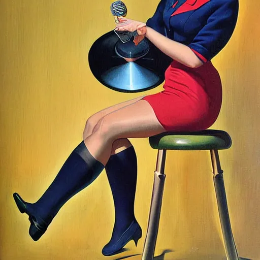 Prompt: painting of a 1950s dressed man smiling into a retro microphone by Gil Elvgren