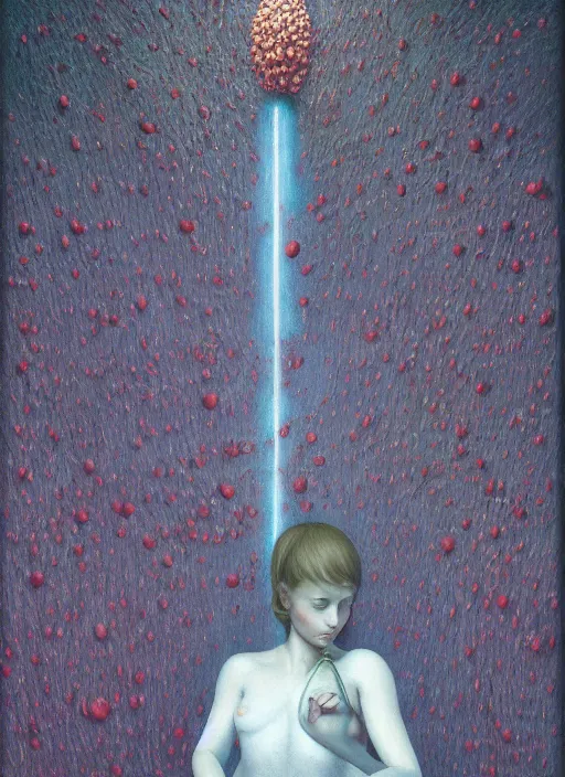 Image similar to She Eats Joyfully of the Suffocating Fruit and Her spiderlike gossamer glistening polyp blossoms bring iridescent fungal flowers whose spores black the foolish glaring stars Edward Hopper and James Gilleard, Zdzislaw Beksinski, Mark Ryden, Wolfgang Lettl highly detailed