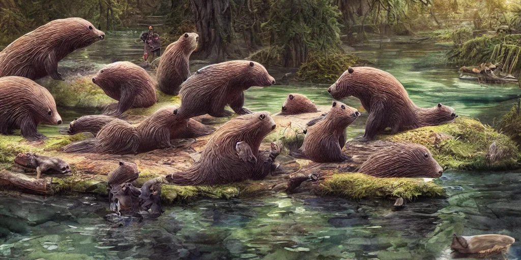 Prompt: Beavers having a picnic, watercolor, realistic 4k octane beautifully detailed render, 4k post-processing, highly detailed, intricate complexity, epic composition, magical atmosphere, cinematic lighting, masterpiece, ultra hd