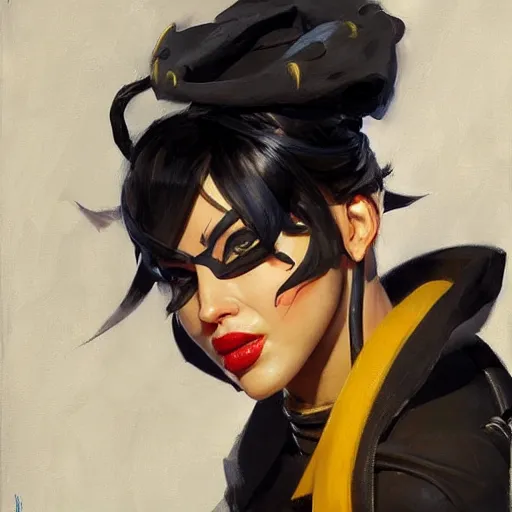 Image similar to greg manchess portrait painting of domino as overwatch character, medium shot, asymmetrical, profile picture, organic painting, sunny day, matte painting, bold shapes, hard edges, street art, trending on artstation, by huang guangjian and gil elvgren and sachin teng