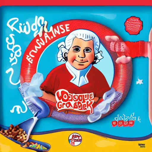 Image similar to kid-friendly cover illustration on a box of obese George Washington kids' sugar cereal with a surprise