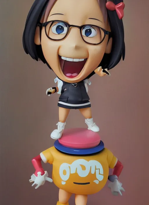 Prompt: a hyperrealistic oil painting of a kawaii vocaloid nendoroid caricature with a big dumb grin featured on Wallace and Gromit by George Condo