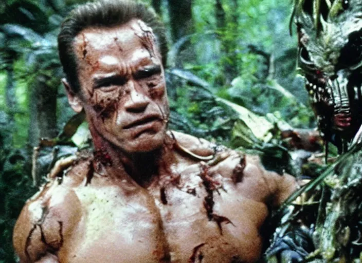 Prompt: polaroid movie still of arnold schwarzenegger in the movie predator fighting against zombie trump