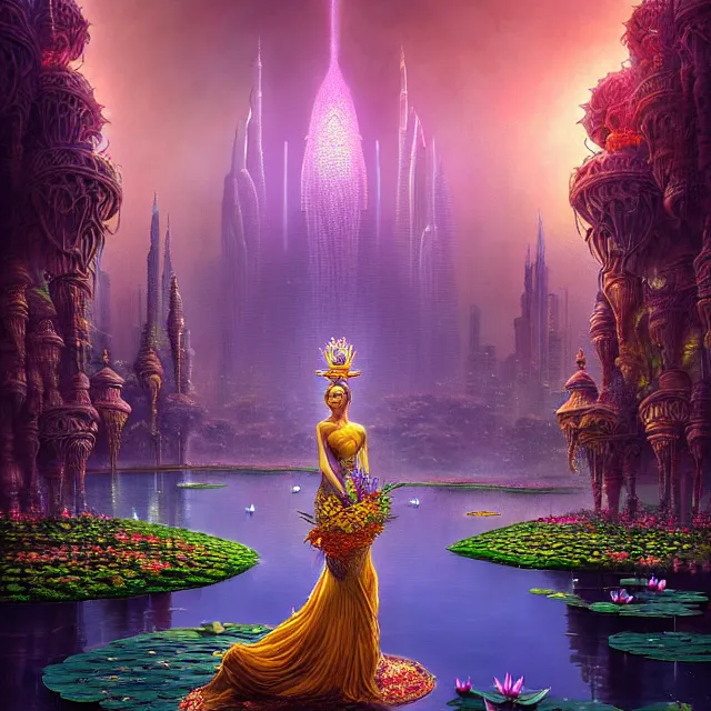 Image similar to Beautiful 3d render of the flower queen goddess near a pond full of lotus, atmospheric lighting, painted, intricate, volumetric lighting, beautiful, rich deep colours masterpiece, sharp focus, ultra detailed, in the art style of Dan Mumford and marc simonetti, with a clear crowded futuristic cyberpunk dubai city in the background, astrophotography