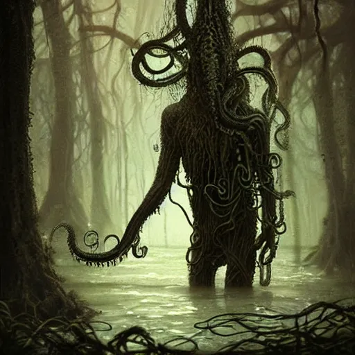 Image similar to happy lovecraftian swamp monster walking through swamp with tentacles by tom bagshaw and krenz cushart