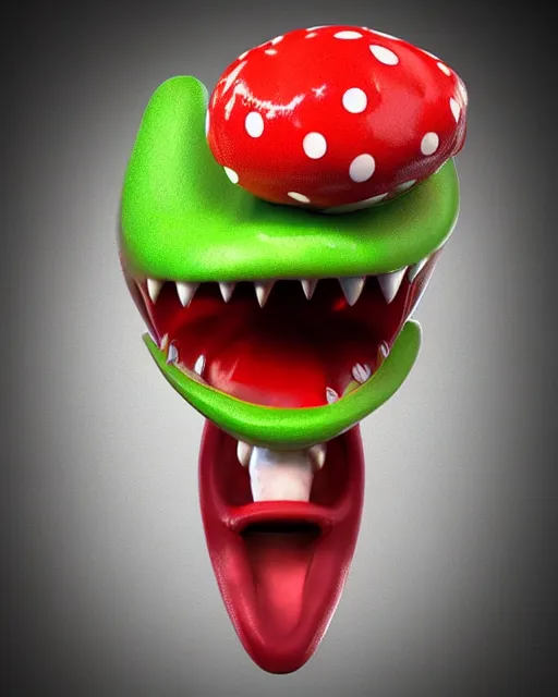 Image similar to hyperrealistic anthropomorphic cartoon 3 d unreal engine red and white polka dot venus fly trap thick lips wet tongue eating photorealistic italian plumber photography portrait