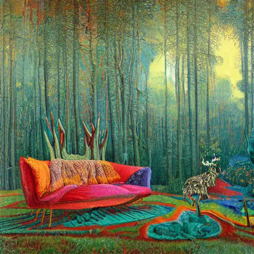 Prompt: psychedelic couch sofa in the lush pine forest, milky way, moose antlers, designed by arnold bocklin, jules bastien - lepage, tarsila do amaral, wayne barlowe and gustave baumann, cheval michael, trending on artstation, star, sharp focus, colorful refracted sparkles and lines, soft light, 8 k 4 k