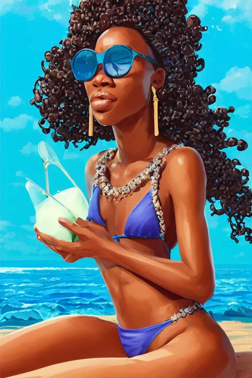 Prompt: a highly detailed beautiful portrait of Black women in the Caribbean wearing aquamarine bikini and shades, full glossy lips, drinking out of a coconut highly detailed, 2d game fanart behance hd by Jesper Ejsing, by RHADS, Makoto Shinkaih and Lois van baarle, ilya kuvshinov, rossdraws global illumination, cinematic , hyper-reslistic, depth of field, coherent, high definition, 8k resolution octane renderer, artstation