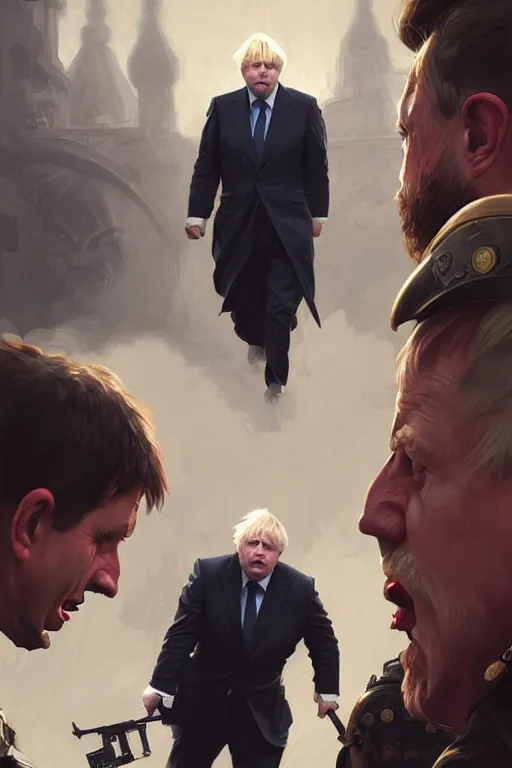 Prompt: aggressive Boris Johnson vs scared Putin, face to face staring, civil war style, highly detailed, digital painting, artstation, concept art, smooth, sharp focus, illustration, cinematic lighting, art by artgerm and greg rutkowski and alphonse mucha