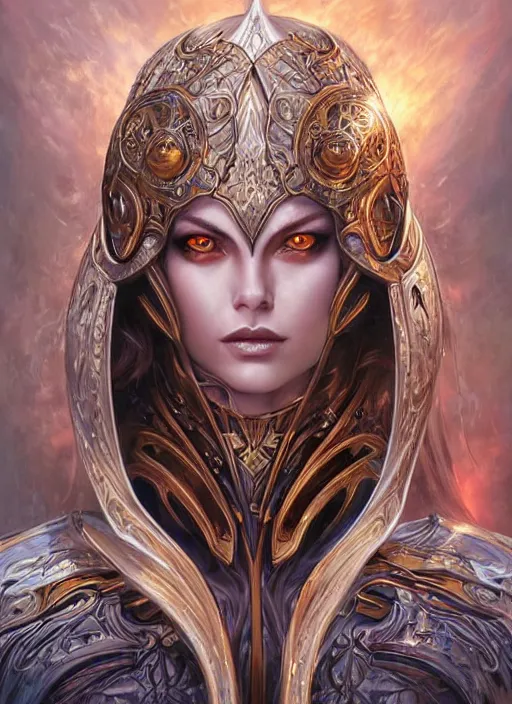 Image similar to a highly detailed symmetrical painting of a female model fantasy warrior with piercing beautiful eyes, trending art by artgerm and karol bak and mark brooks